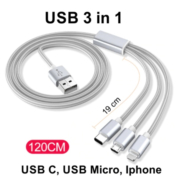 3 in 1 Universal-Ladekabel mit USB-C, Micro-USB und iPhone-Stecker