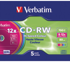 VERBATIM CD-RW Slim 80MIN/700MB 8-10x color 5 Pcs, 43167