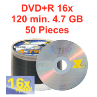 XEO DVD+R Rohling, 16 x Speed, 120 Min. 4,7 GB, 50 Stk.