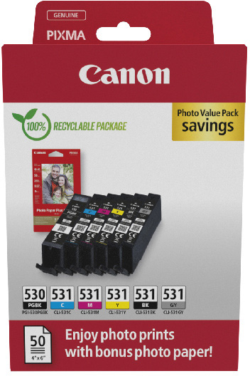 Canon PG530/CL531 CMYBKGY Original, 6 Farben + 50 Fotopapier